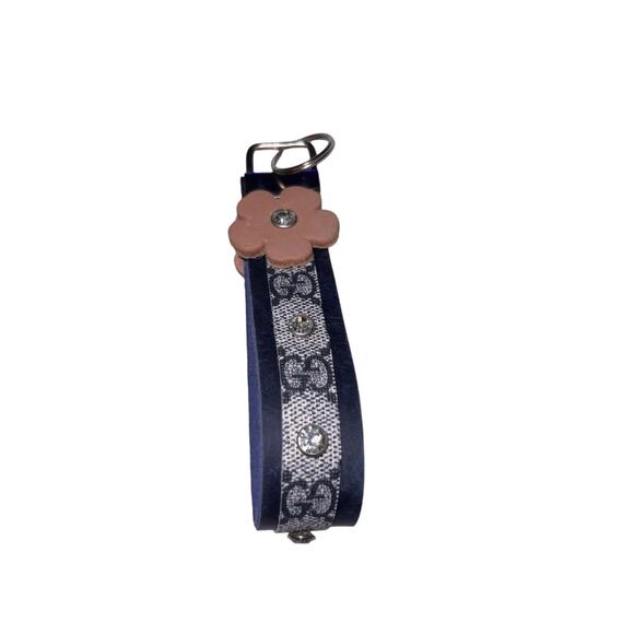 Repurposed Gucci Bag Keychain  Leather Trim & Rhinestone Flower Detail - Picture 4 of 4